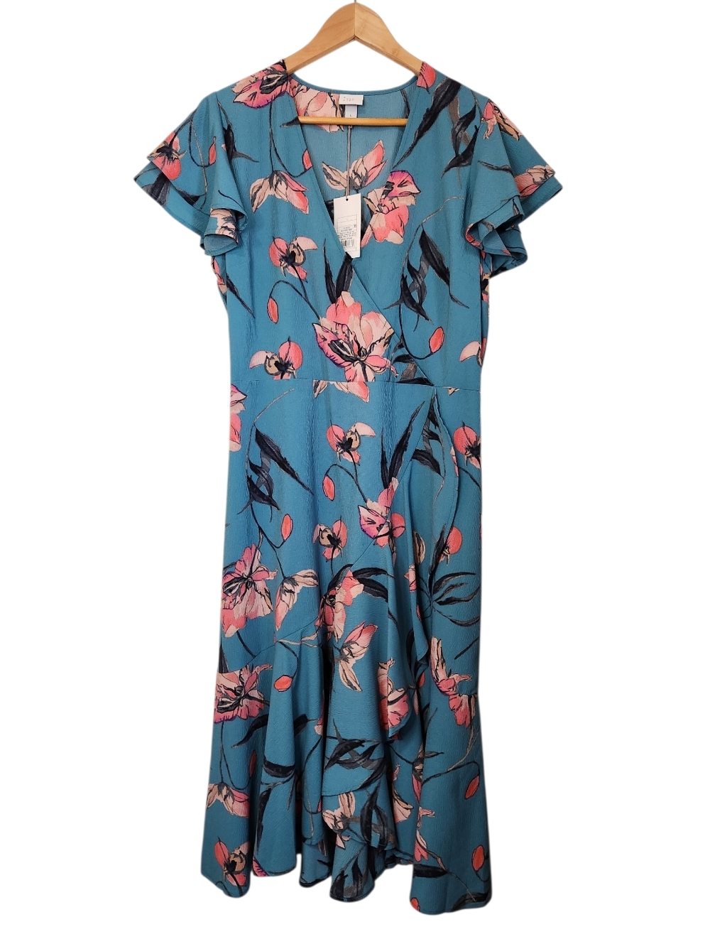 A New Day NWT Ruffle Floral Faux Wrap Midi Dress Womens Large Blue & Pink